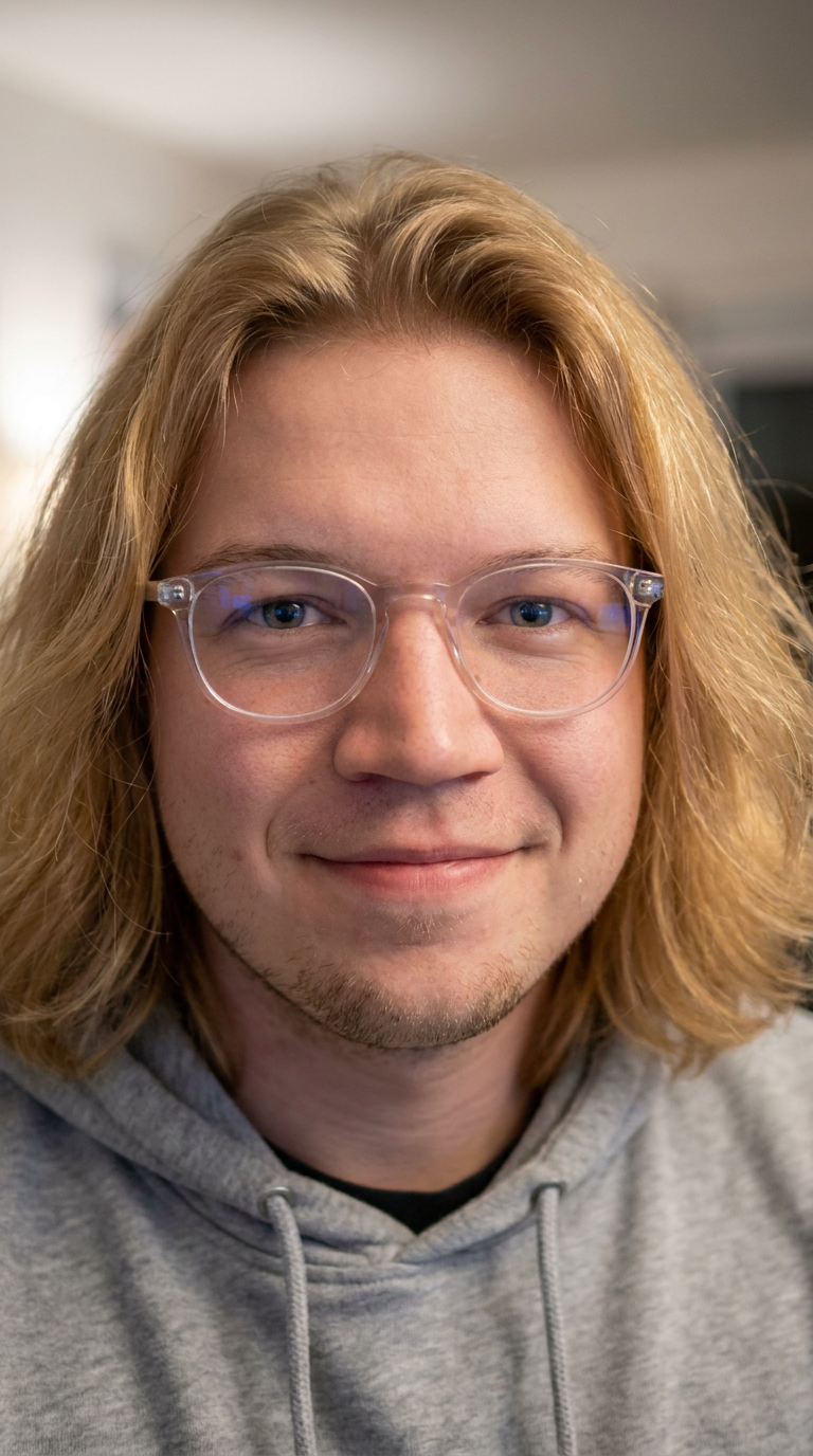 Grem smiling, wearing clear glasses and a grey hoodie
